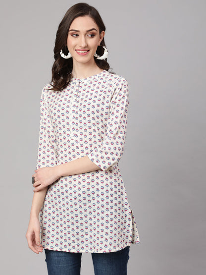 Off White Printed Straight Tunic With Three Quarter Sleeves