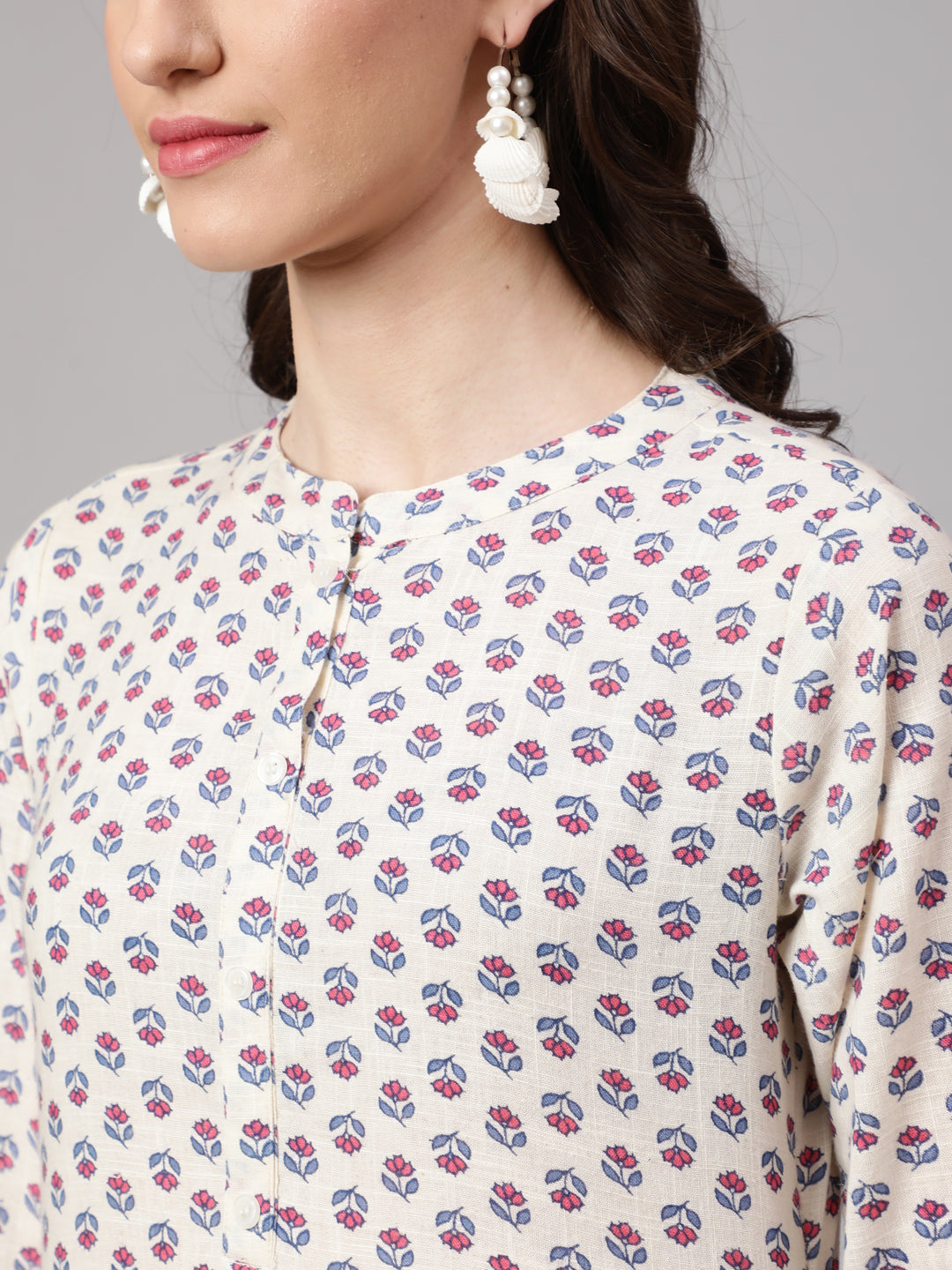 Off White Printed Straight Tunic With Three Quarter Sleeves