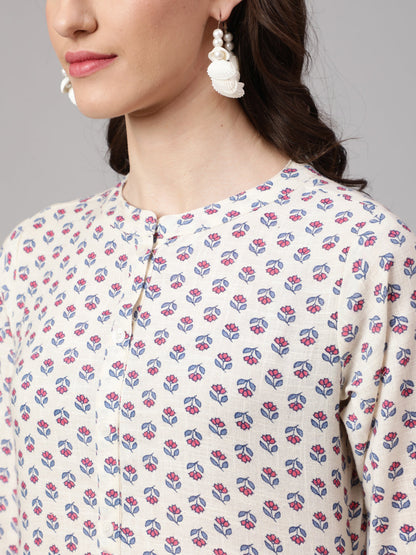 Off White Printed Straight Tunic With Three Quarter Sleeves