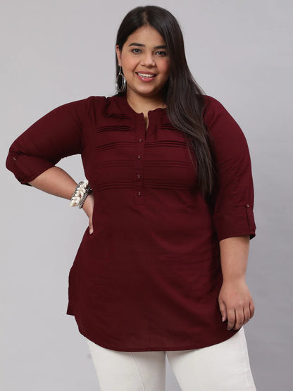 Plus Size Burgundy Ethnic Tunic With Three Quarter Sleeves