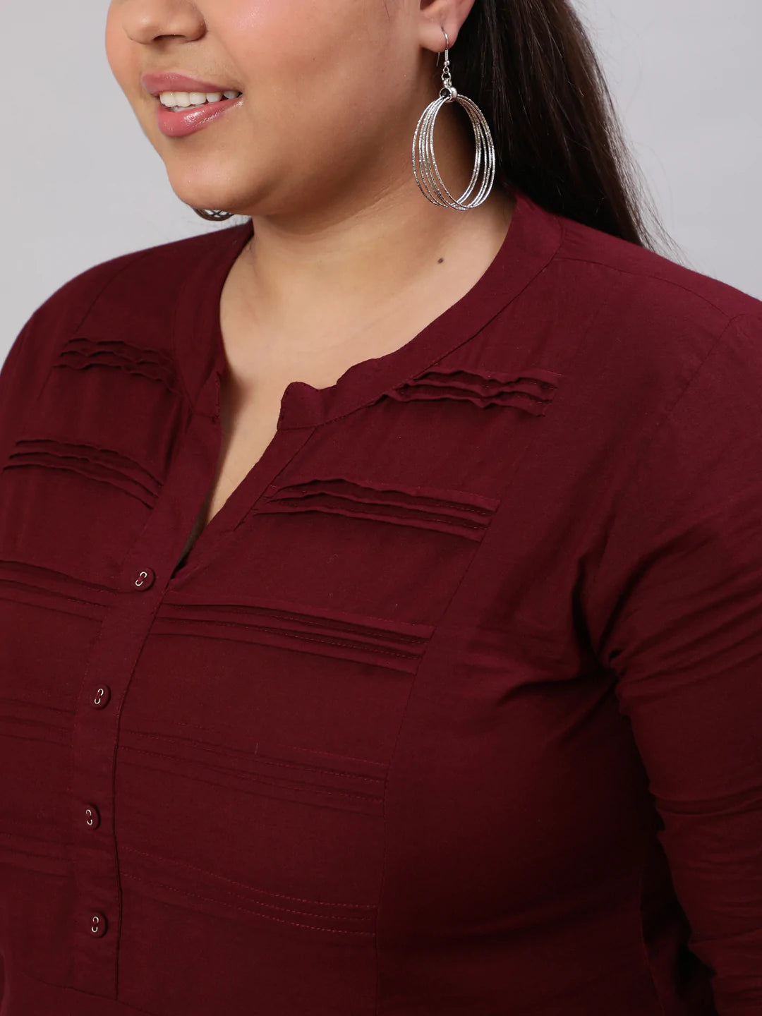 Plus Size Burgundy Ethnic Tunic With Three Quarter Sleeves