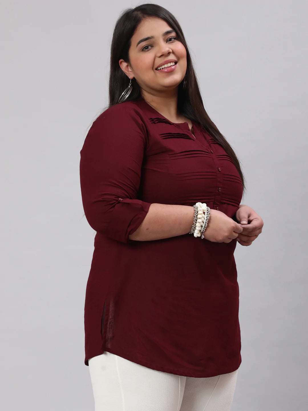 Plus Size Burgundy Ethnic Tunic With Three Quarter Sleeves