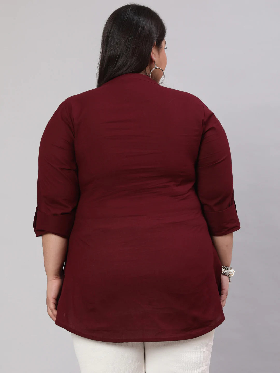 Plus Size Burgundy Ethnic Tunic With Three Quarter Sleeves