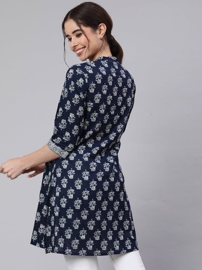 Navy Blue Straight Tunic With Three Quarter Sleeves