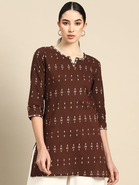 Brown Embroidered Ikat Printed Straight Tunic