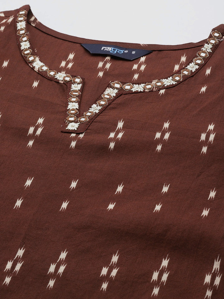 Brown Embroidered Ikat Printed Straight Tunic