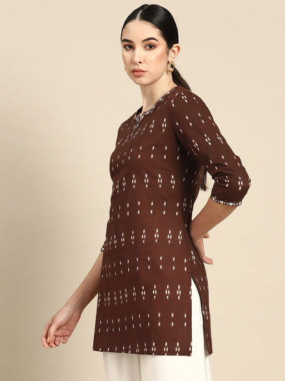 Brown Embroidered Ikat Printed Straight Tunic