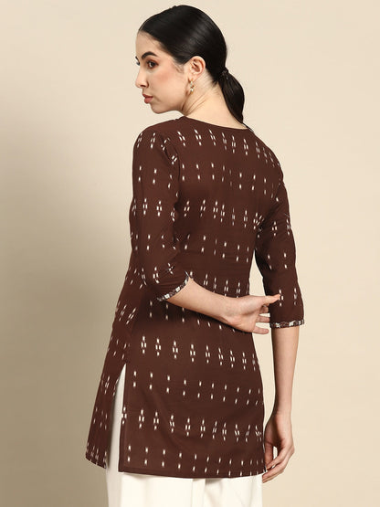 Brown Embroidered Ikat Printed Straight Tunic