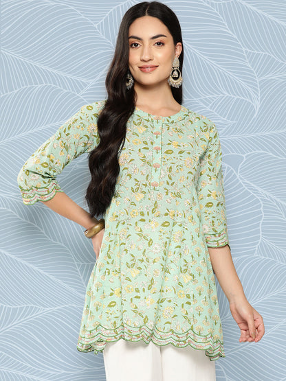 Green Embroidered Printed Flared Tunic
