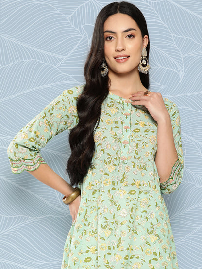 Green Embroidered Printed Flared Tunic