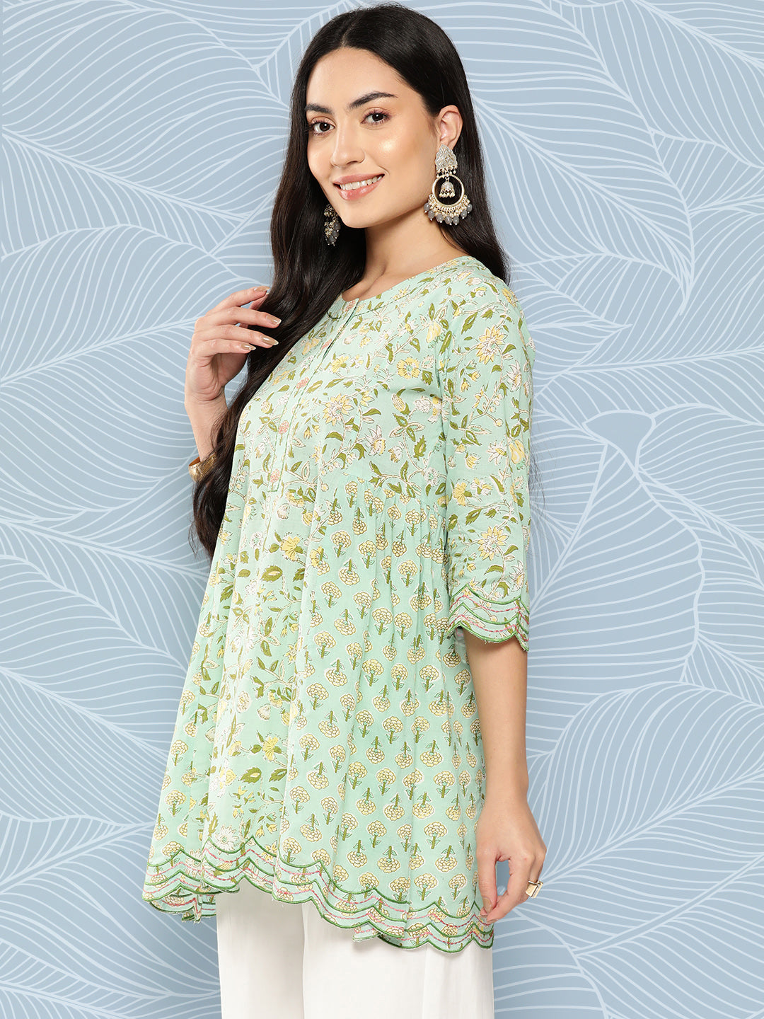 Green Embroidered Printed Flared Tunic