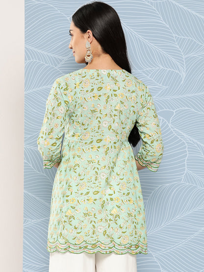 Green Embroidered Printed Flared Tunic