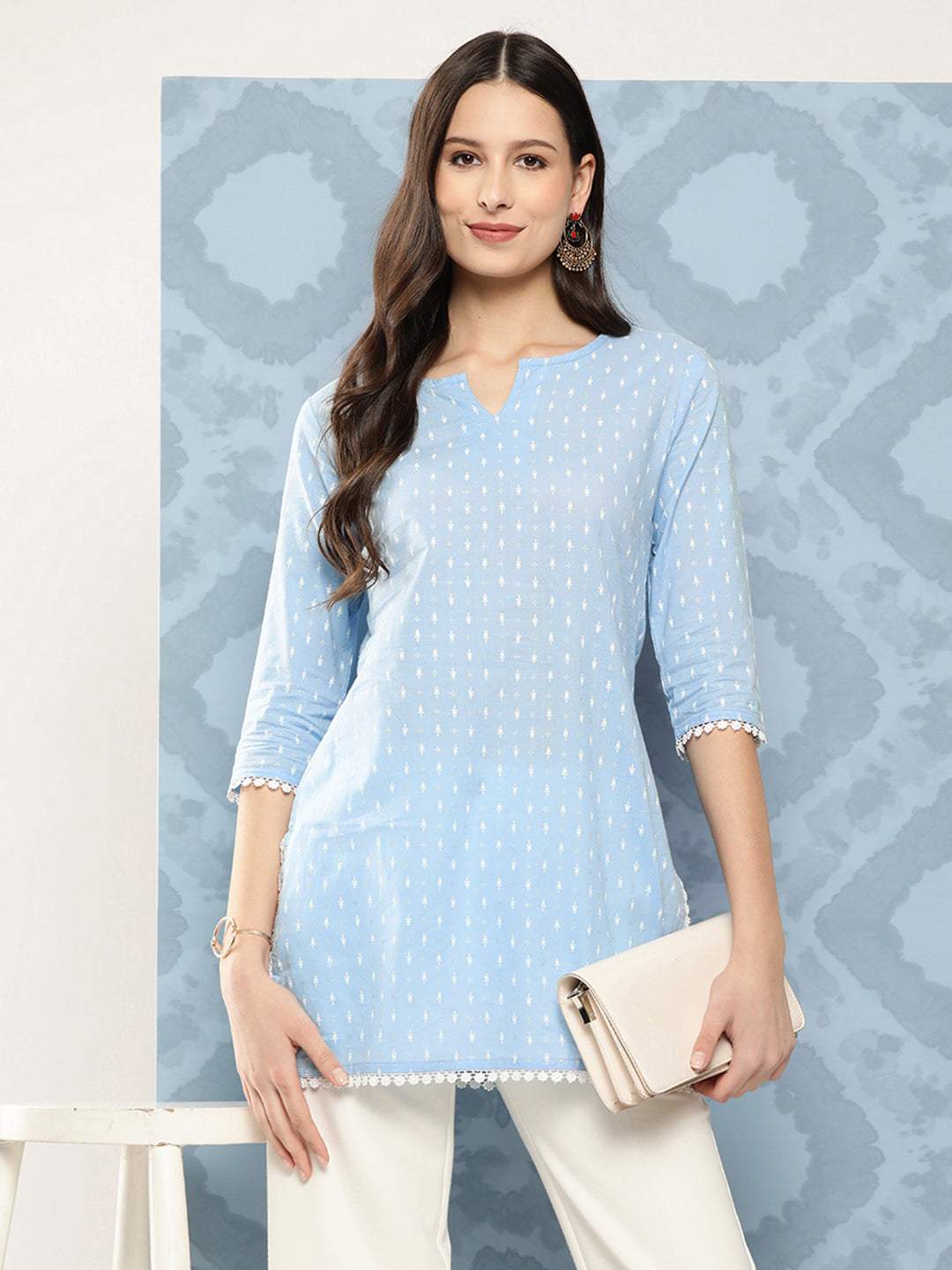 Blue Straight Tunic With Three Quarter Sleeves