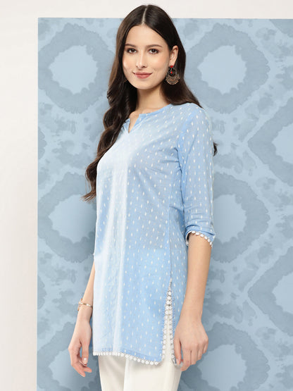 Blue Straight Tunic With Three Quarter Sleeves