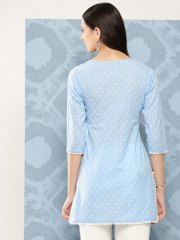 Blue Straight Tunic With Three Quarter Sleeves