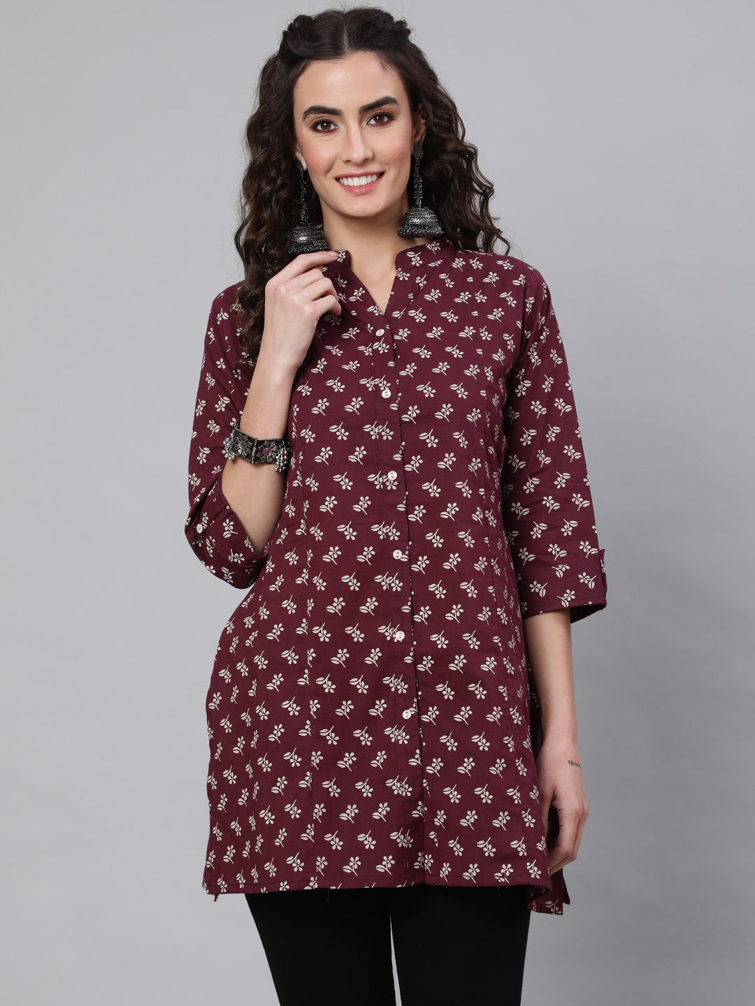 Burgundy Printed Straight Tunic With Three Quarter Sleeves