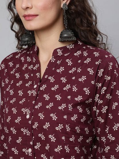 Burgundy Printed Straight Tunic With Three Quarter Sleeves