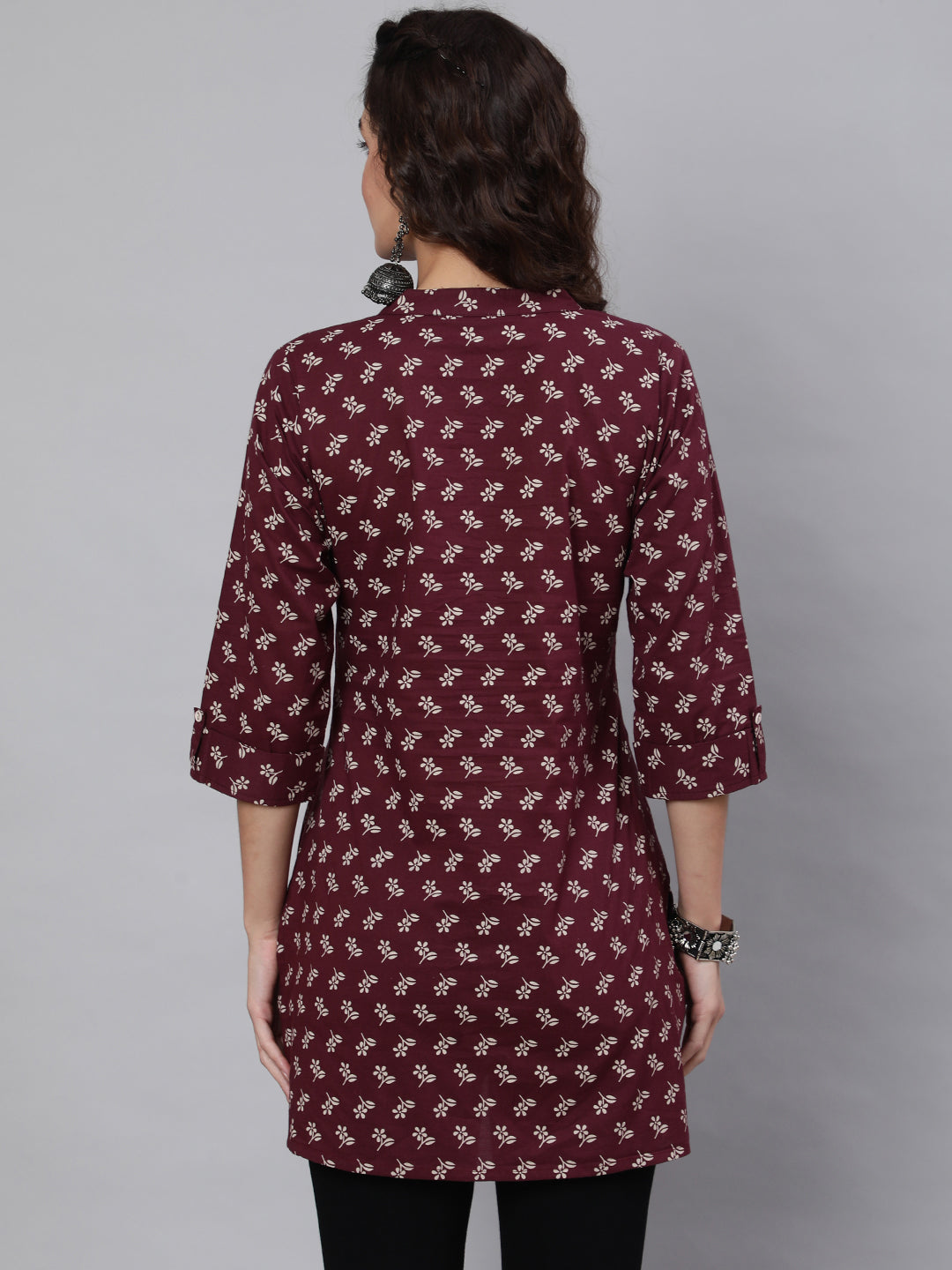 Burgundy Printed Straight Tunic With Three Quarter Sleeves