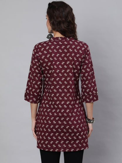 Burgundy Printed Straight Tunic With Three Quarter Sleeves