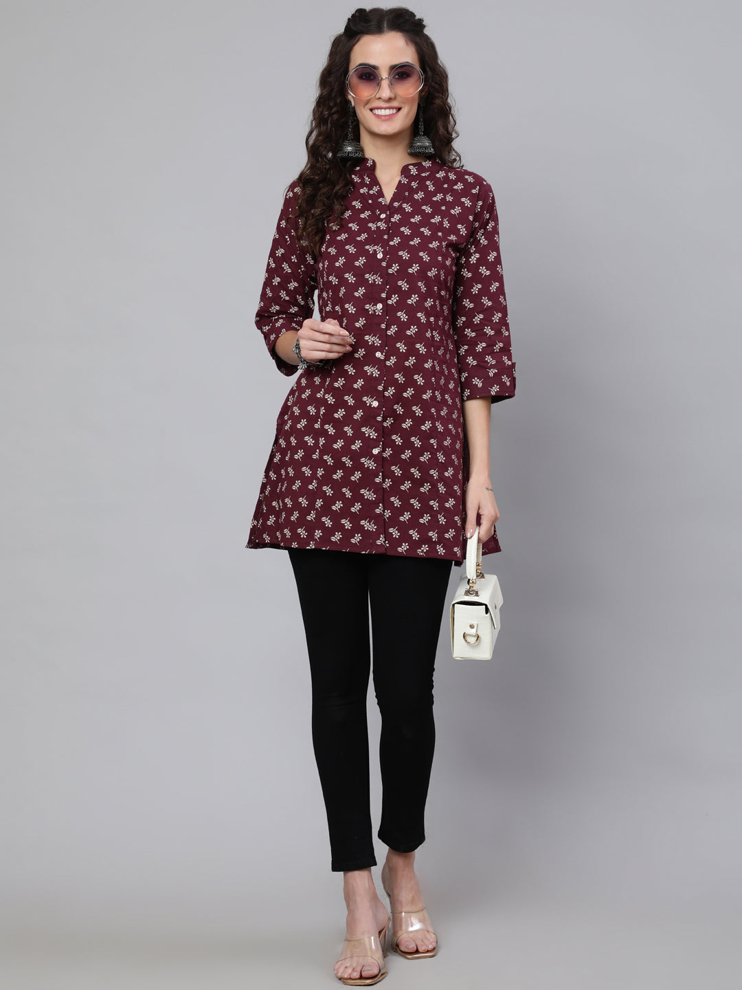 Burgundy Printed Straight Tunic With Three Quarter Sleeves