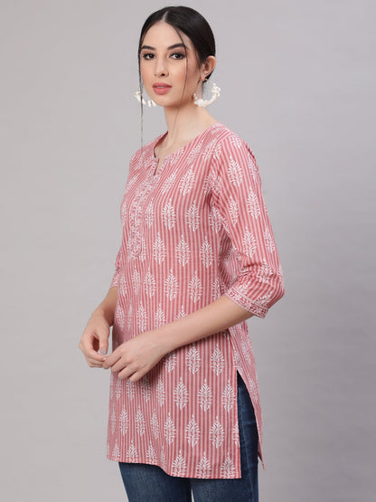 Women Pink Straight Tunic With Three Quarter Sleeves