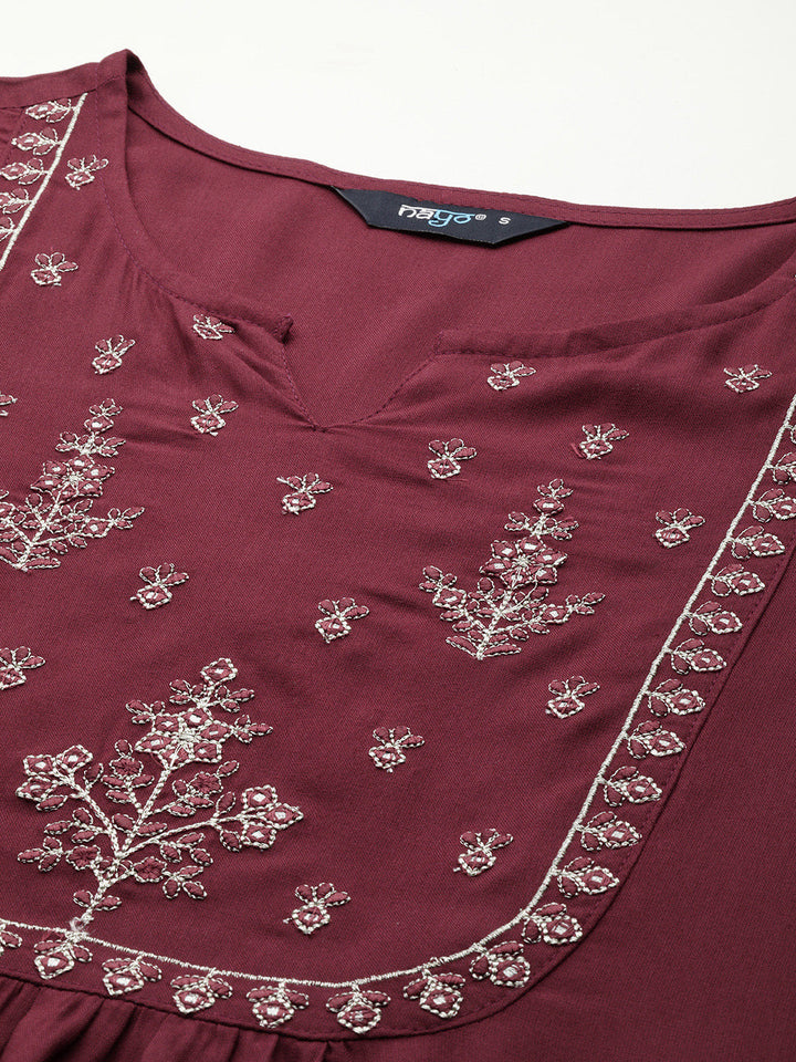 Women Maroon Embroidered Yoke Straight Tunic With Three Quarter Sleeves