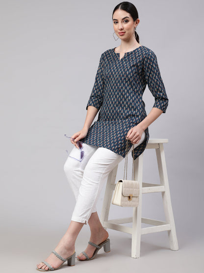 Blue Straight Tunic With Three Quarter Sleeves
