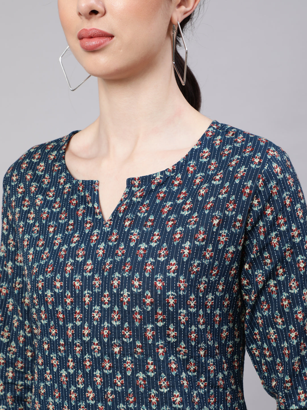 Blue Straight Tunic With Three Quarter Sleeves