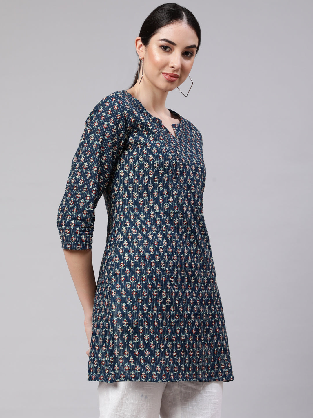 Blue Straight Tunic With Three Quarter Sleeves