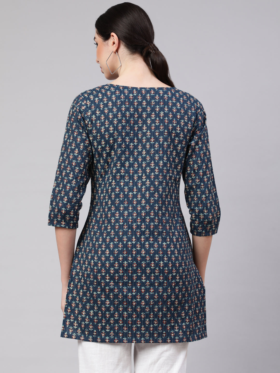 Blue Straight Tunic With Three Quarter Sleeves