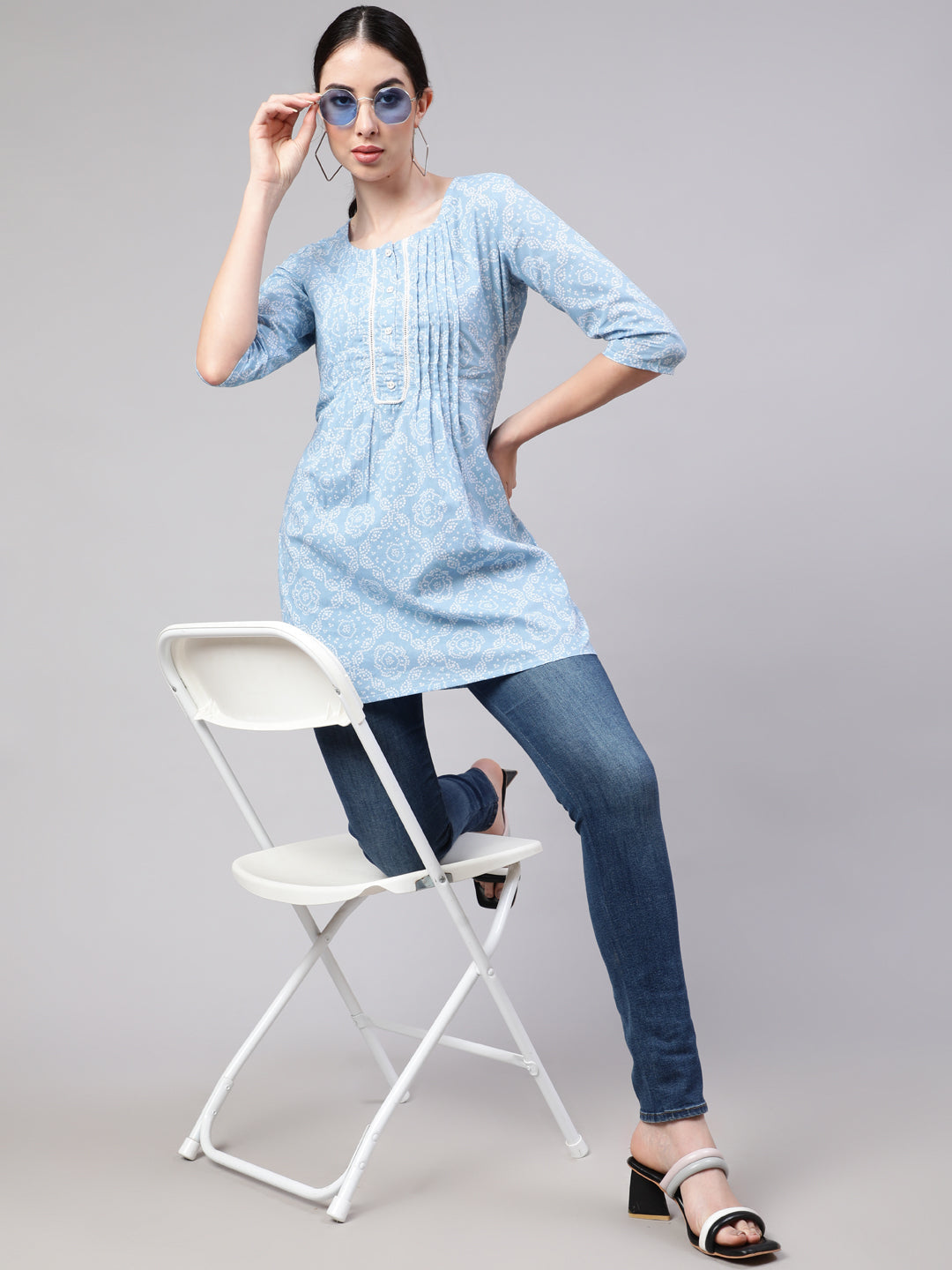 Blue Straight Tunic With Three Quarter Sleeves