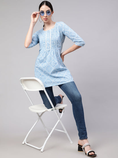 Blue Straight Tunic With Three Quarter Sleeves