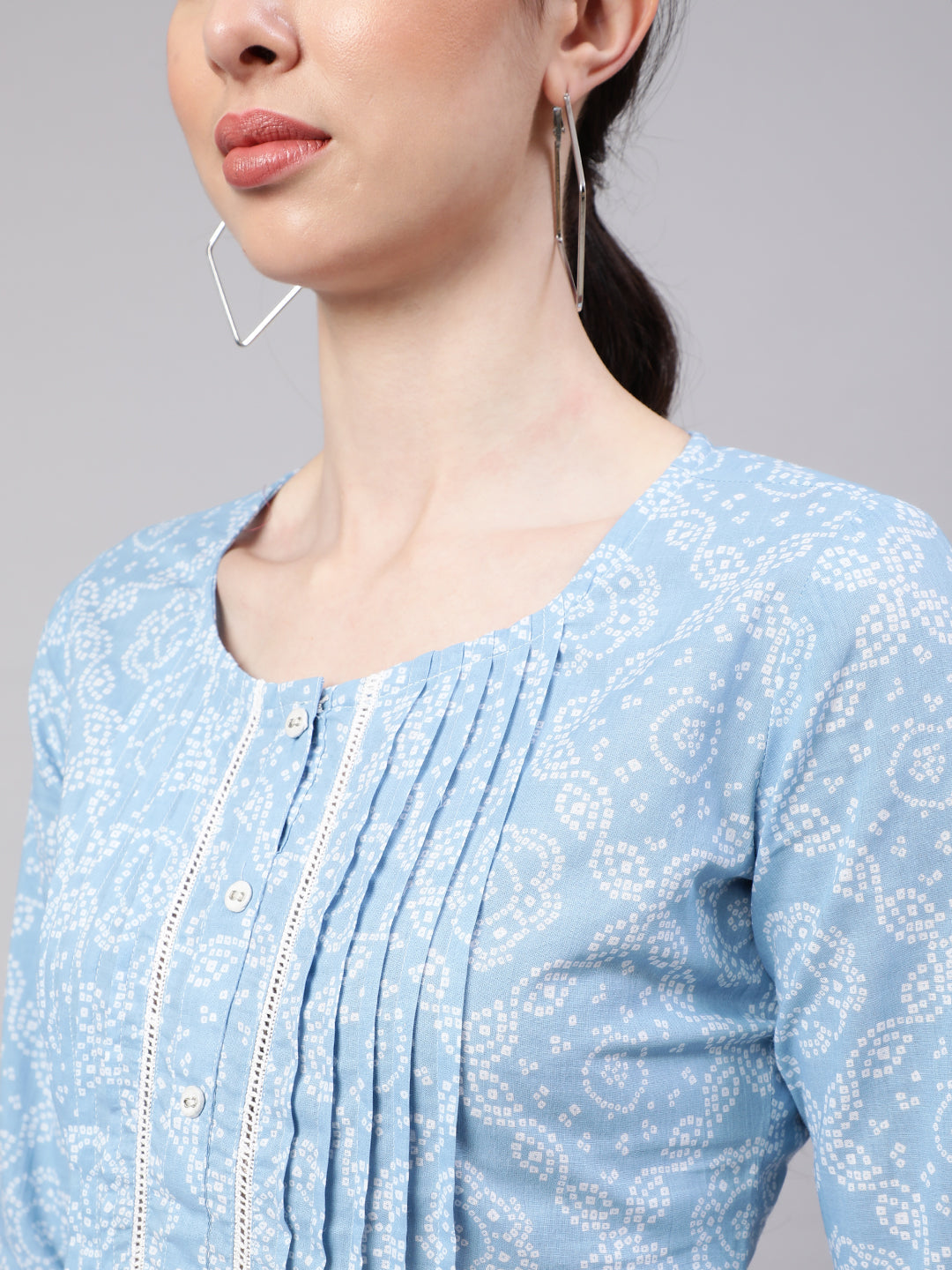 Blue Straight Tunic With Three Quarter Sleeves