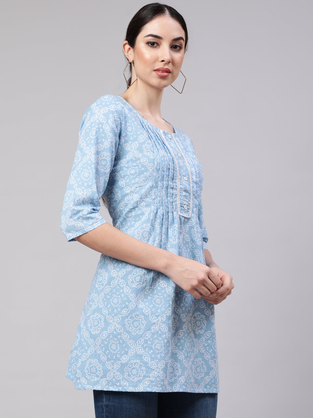 Blue Straight Tunic With Three Quarter Sleeves