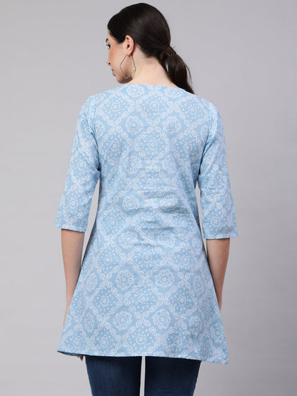 Blue Straight Tunic With Three Quarter Sleeves