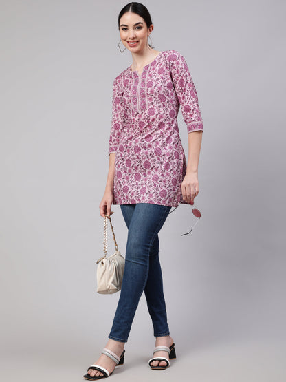 Pink Straight Tunic With Three Quarter Sleeves