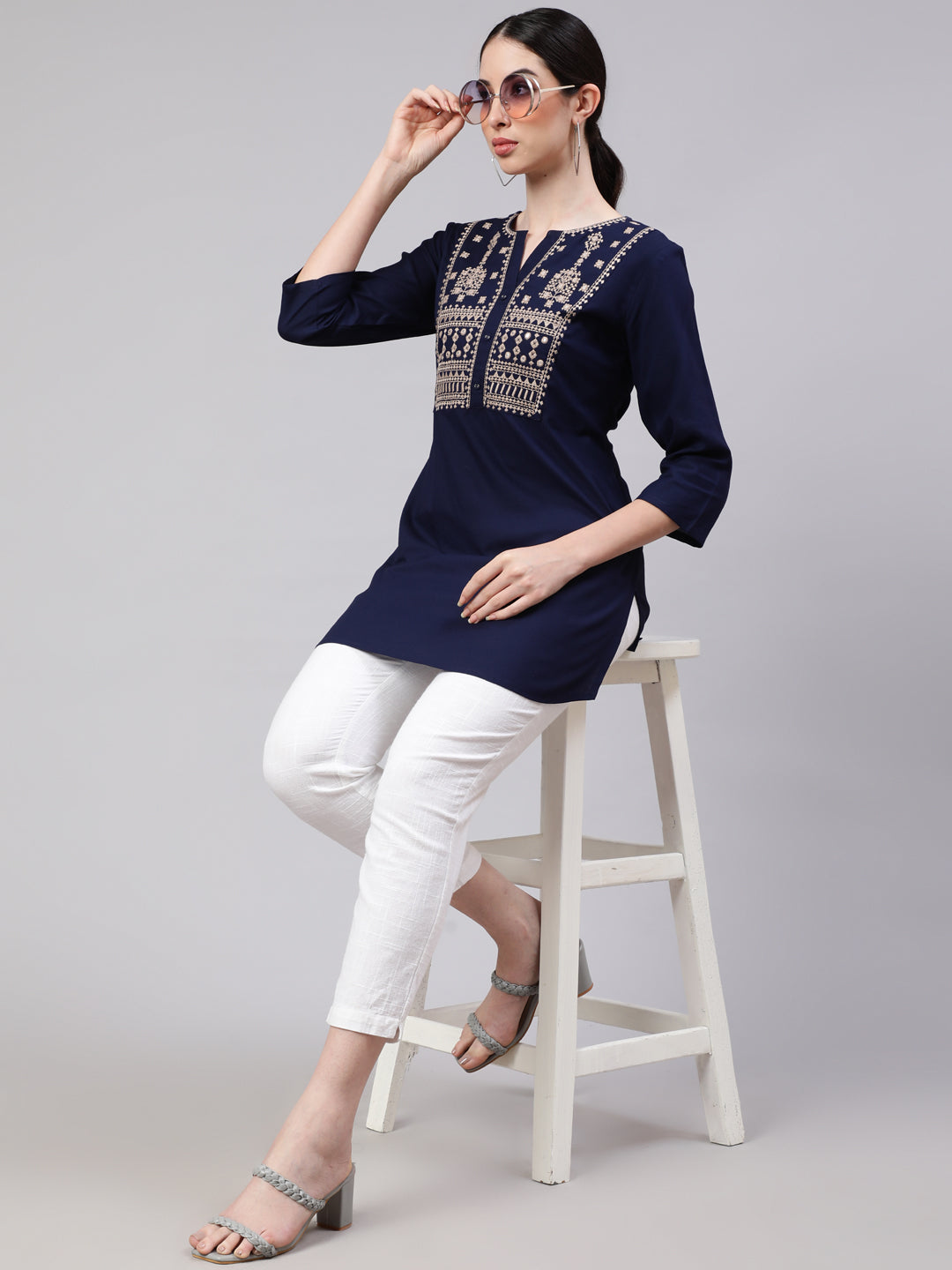 Navy Blue Embroidered Straight Tunic