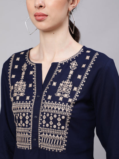 Navy Blue Embroidered Straight Tunic