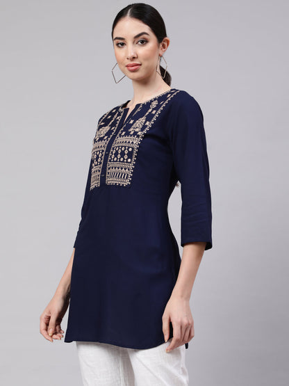 Navy Blue Embroidered Straight Tunic
