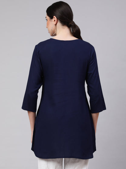 Navy Blue Embroidered Straight Tunic