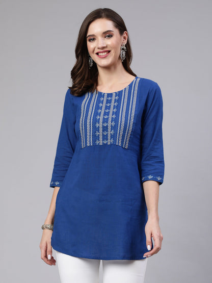 Blue Embroidered Straight Tunic