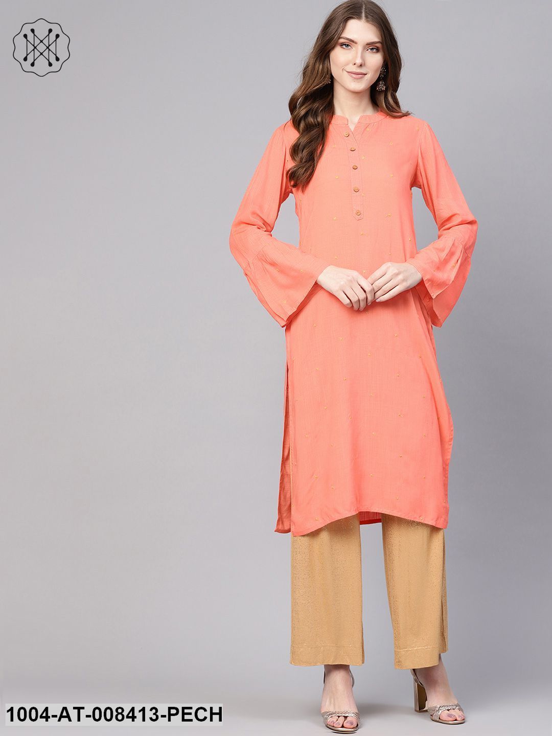 Peach Embroidered Full Flared Sleeves Straight Kurta