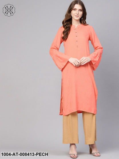 Peach Embroidered Full Flared Sleeves Straight Kurta