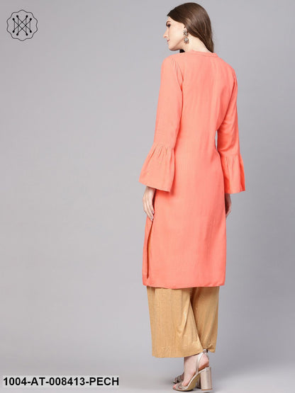 Peach Embroidered Full Flared Sleeves Straight Kurta