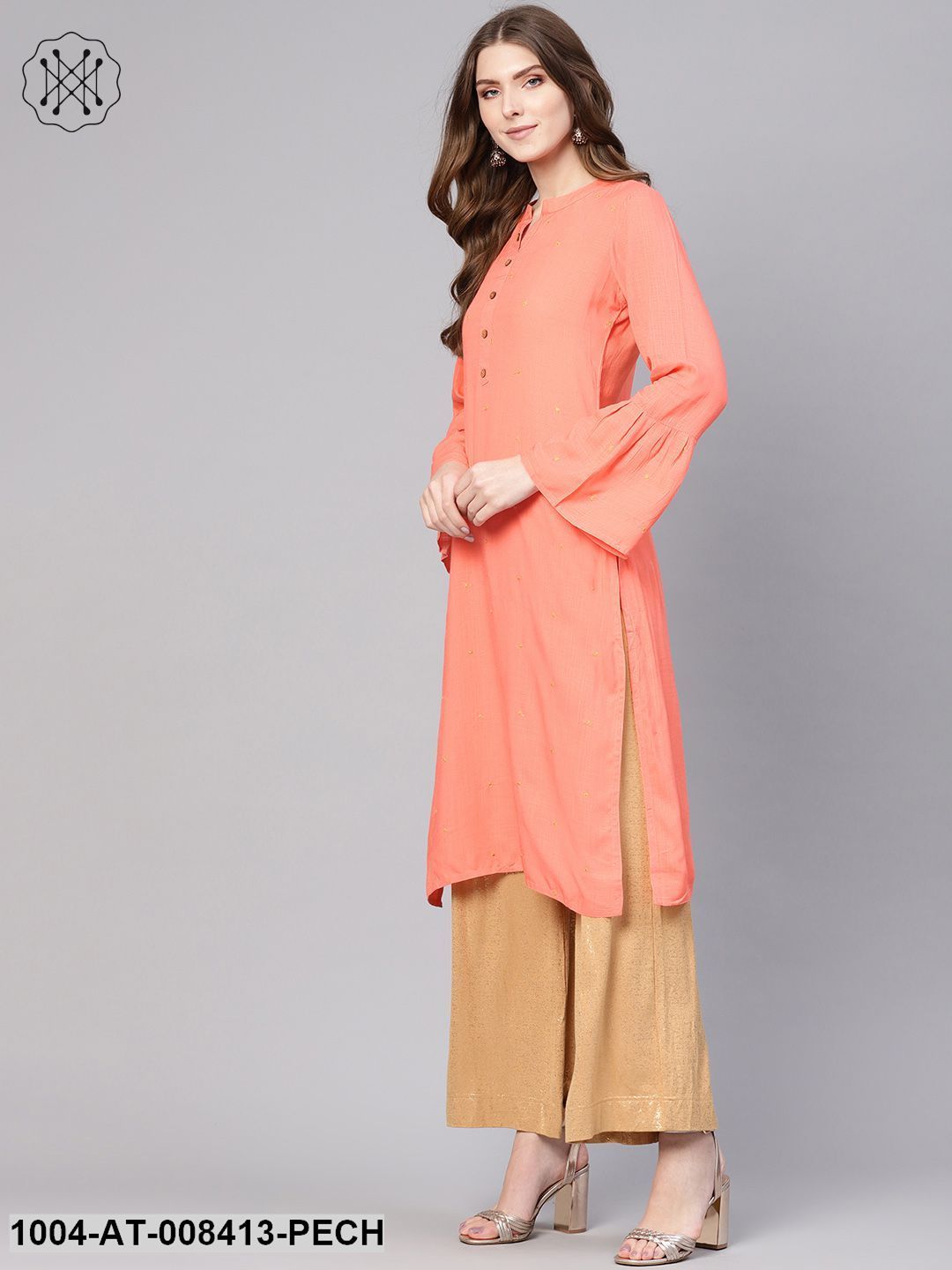 Peach Embroidered Full Flared Sleeves Straight Kurta