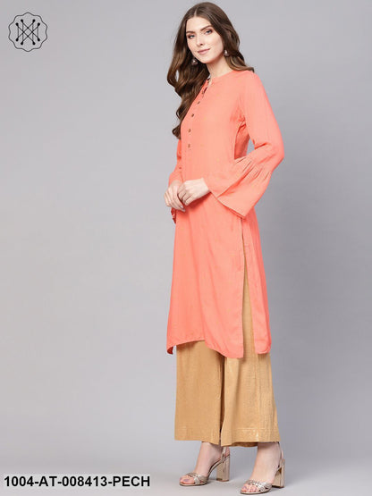 Peach Embroidered Full Flared Sleeves Straight Kurta