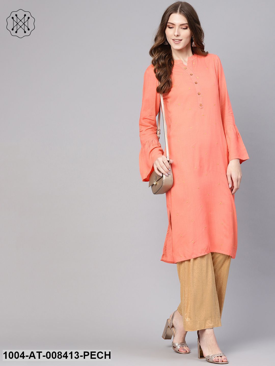 Peach Embroidered Full Flared Sleeves Straight Kurta