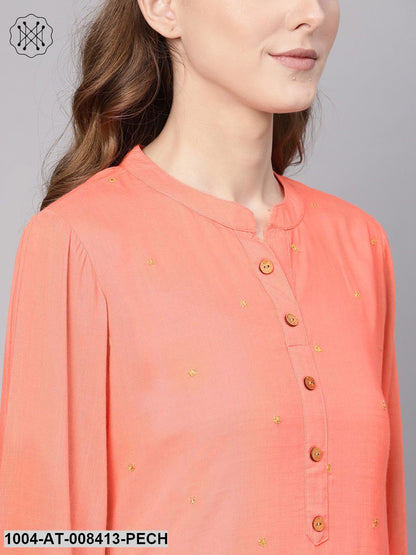 Peach Embroidered Full Flared Sleeves Straight Kurta