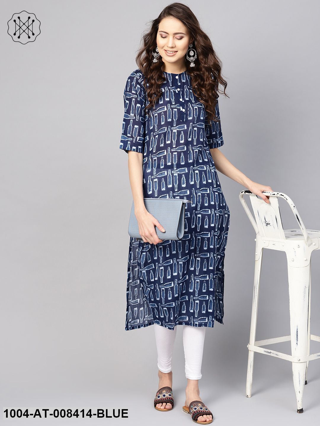Indigo Quirky Printed Round Neck 3/4Th Sleeves Straight Kurta