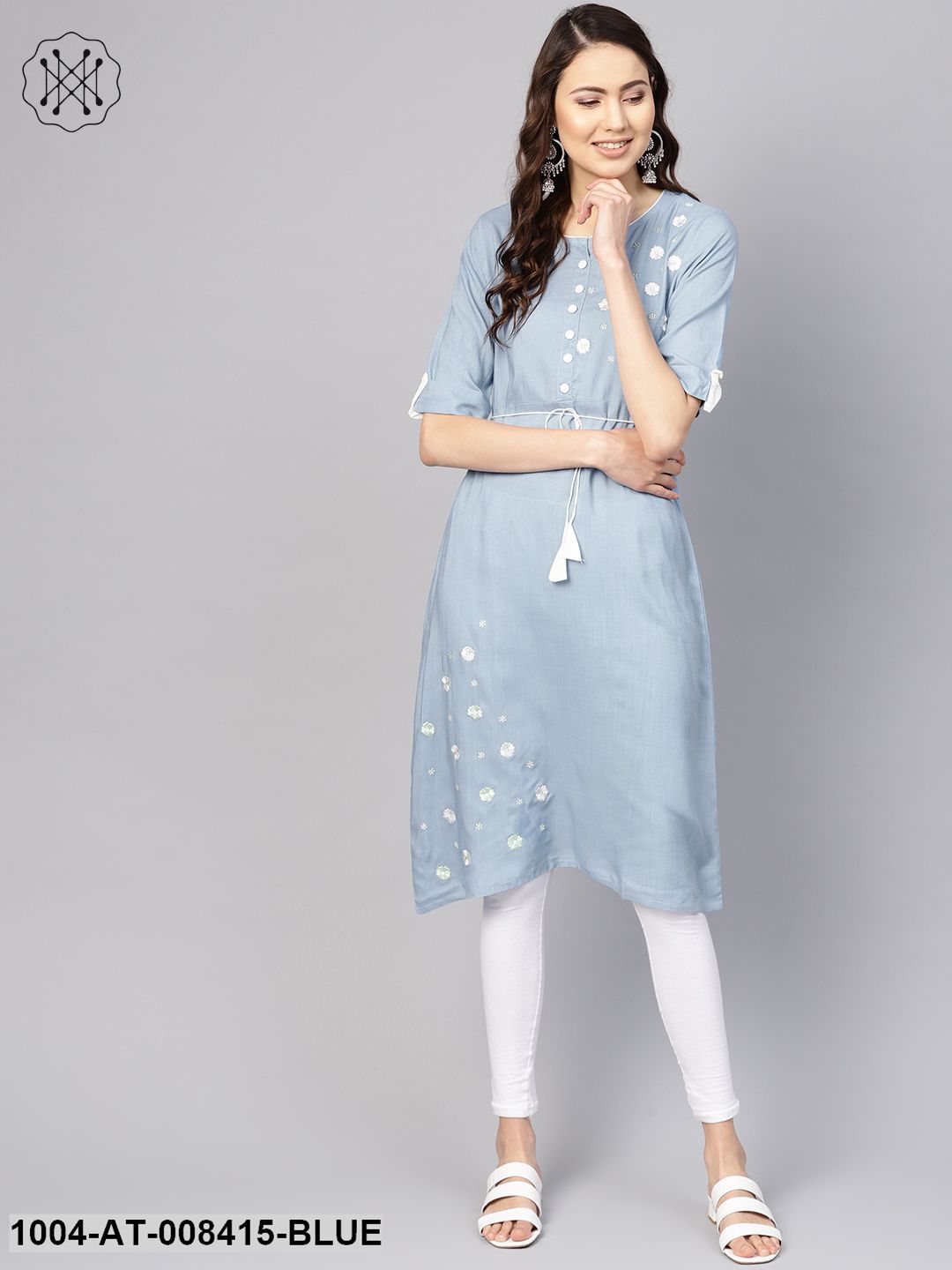 Blue EmbroideredRound Neck Hald Sleeves Kurta Dress